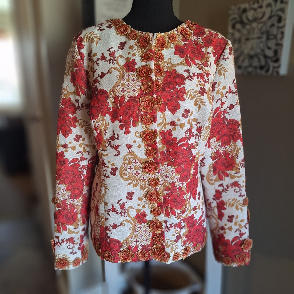 Boston Proper 3D Red and Gold Floral Blazer ⚘️ Sz 18